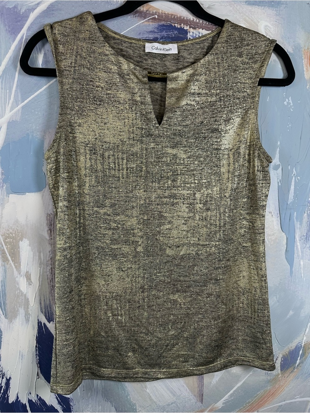 Calvin Klein Metallic Gold V-Notch Sleeveless Blouse Tank Medium